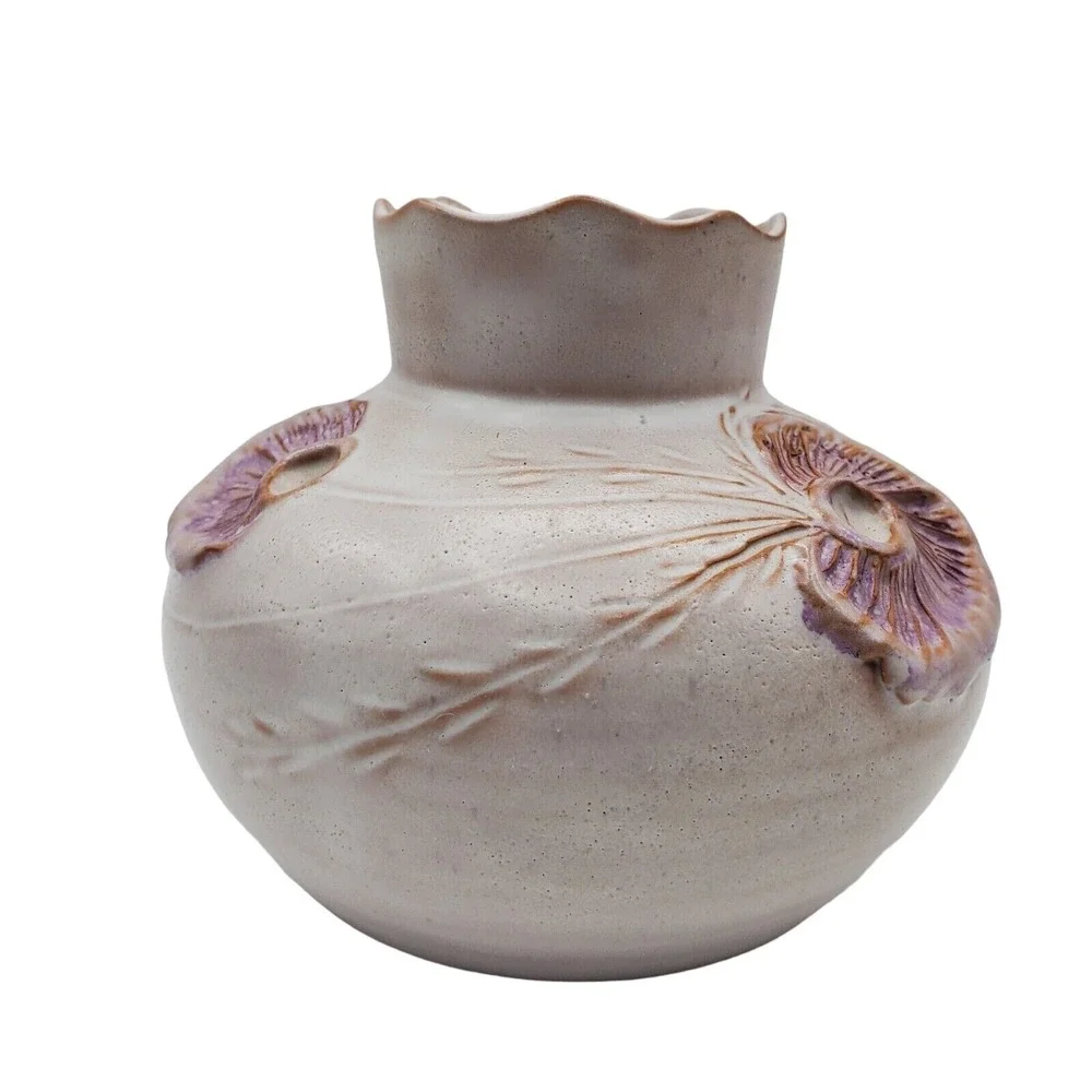 Pink Squat Pottery Vase Ceramic Raised Floral Relief Scalloped Rim Signed Retro